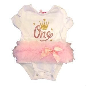 Popatu “1” Birthday Tutu Onesie • White/Pink Sparkle • 12M